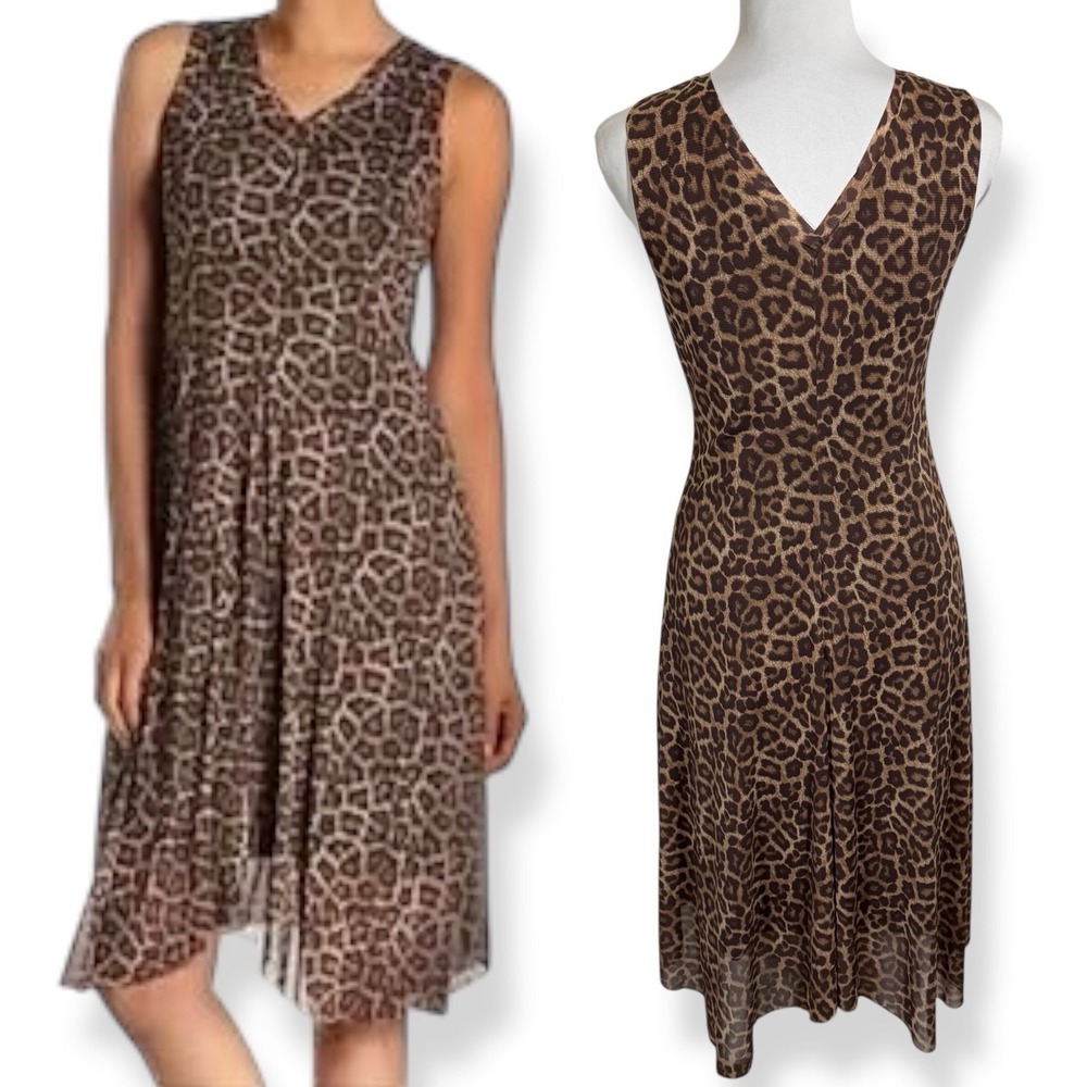 T Tahari Brown Sleeveless Mesh Knit Dress Size M Vβ Neck Asymmetrical Leopard